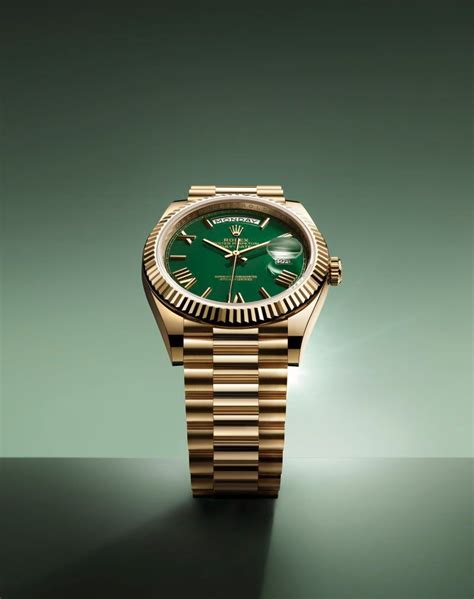 rolex oyster perpetual day date gold green|Rolex Day-Date 40 price.